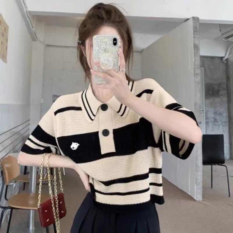 SUXI Áo Thun Dệt Kim Họa Tiết Kẻ Sọc Trắng Đen Phong Cách Vintage Thời Trang Mùa Hè Cho Nữ