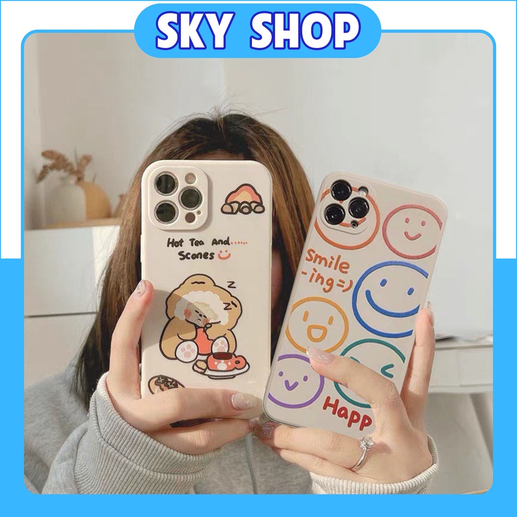 Ốp Lưng Iphone Cạnh Vuông Bảo Vệ Camera in hình Gấu Ngủ Gật và Icon Smile 7plus/8plus/x/xs/11/12/13/pro/max/promax