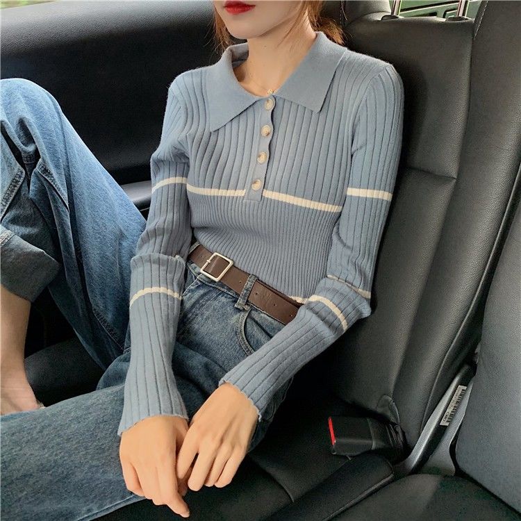 Áo Sweater cổ polo dáng ôm phong cách hàn quốc dành cho nữ