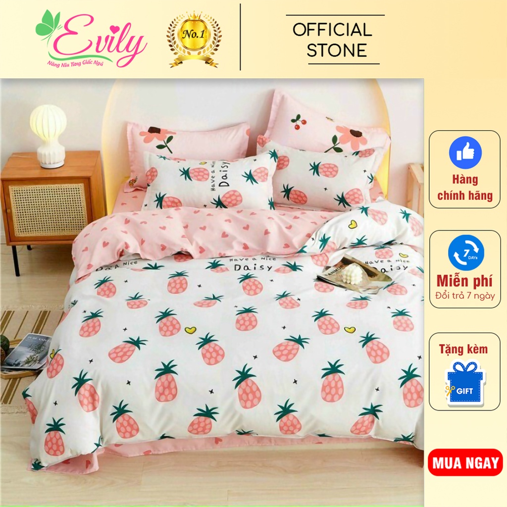 Trọn Bộ 4 MónThương Hiệu Chăn Ga Gối Mền Cotton Poly. Mẫu DỨA HỒNG Siêu Xinh