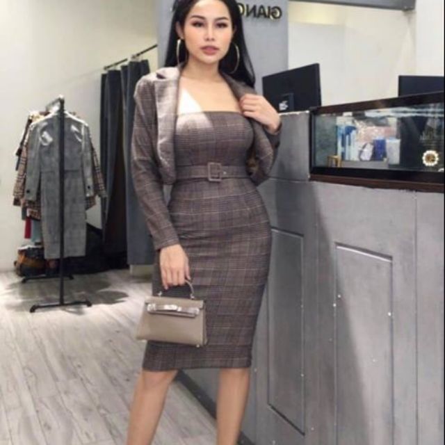SÉT ĐẦM BODY CÚP NGỰC KÈM ÁO KHOÁC VEST CARO
