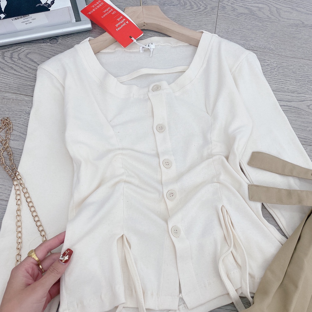 Set áo len be dài tay rút eo mix chân váy xếp ly kèm đai