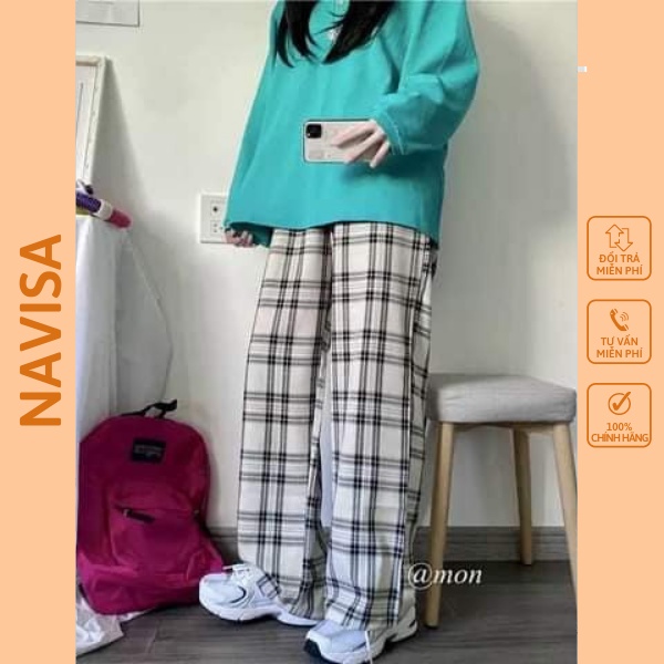 Quần Kẻ Nữ Caro Lưng Cao Dáng Rộng Ống Suông ulzzang NAVISA QL06