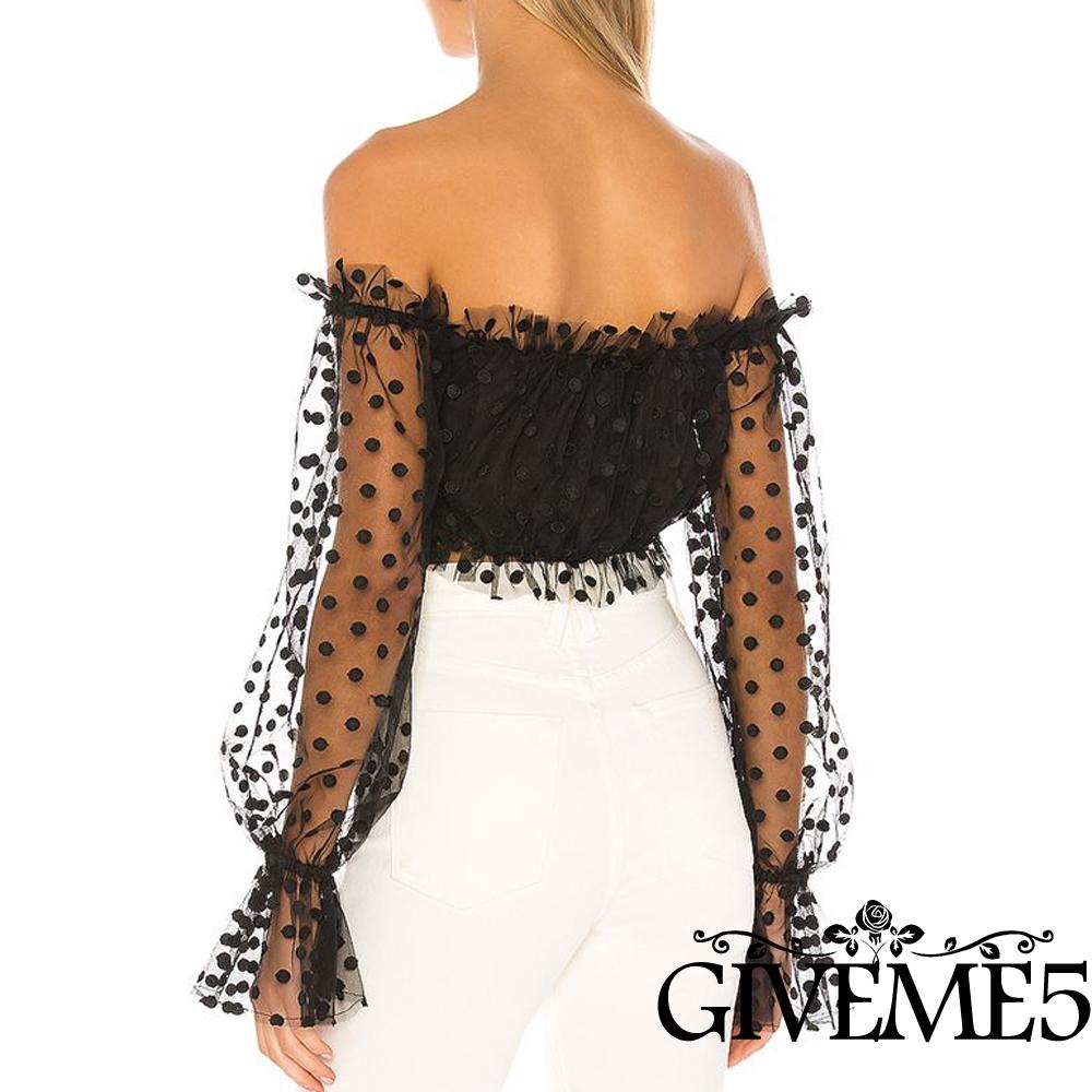 Áo Tay Dài Trễ Vai Hoạ Tiết Chấm Bi Cho Nữ