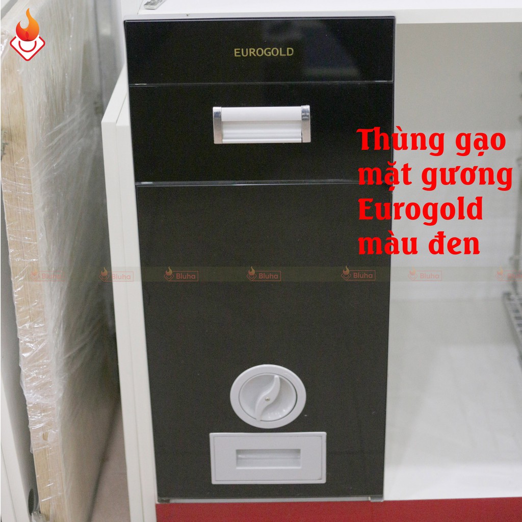 Thùng gạo mặt gương đen Eurogold  bảo hành 12  tháng