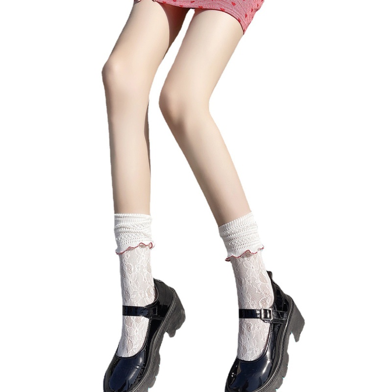 Xiangbao Vớ Cao Tới Bắp Chân Phối Ren Hoa Rỗng Viền Diềm Xếp Nếp Màu Sắc Tương Phản Cổ Điển Ngọt Ngào