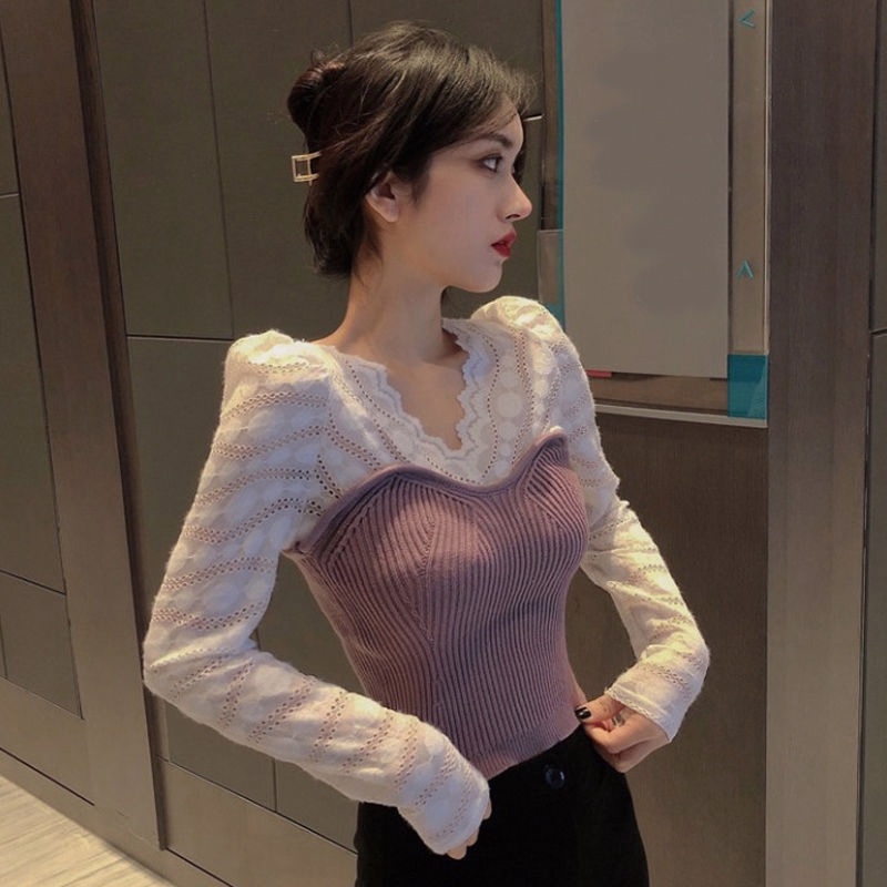 【ZHELIHANGFEI】Áo Dệt Kim Dáng Ôm Cổ Chữ V Phối Ren Phong Cách Sang Trọng Dành Cho Nữ