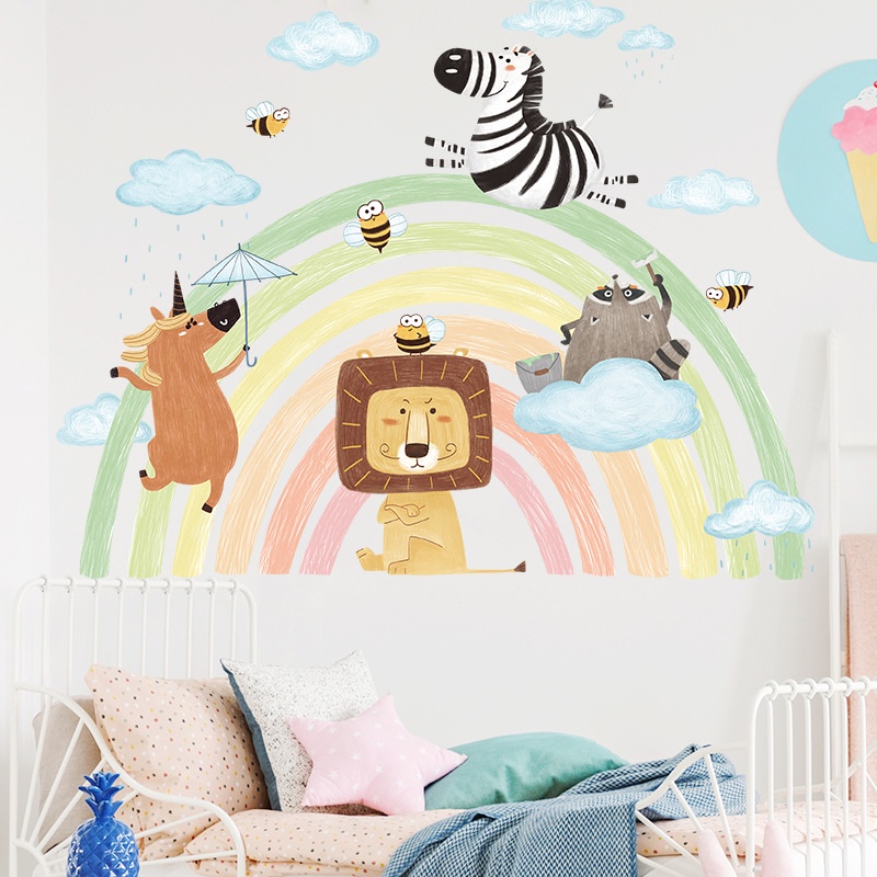 Sticker dán tường họa tiết ngựa vằn/cầu vồng/cầu vồng hoạt hình trang trí phòng ngủ trẻ em
