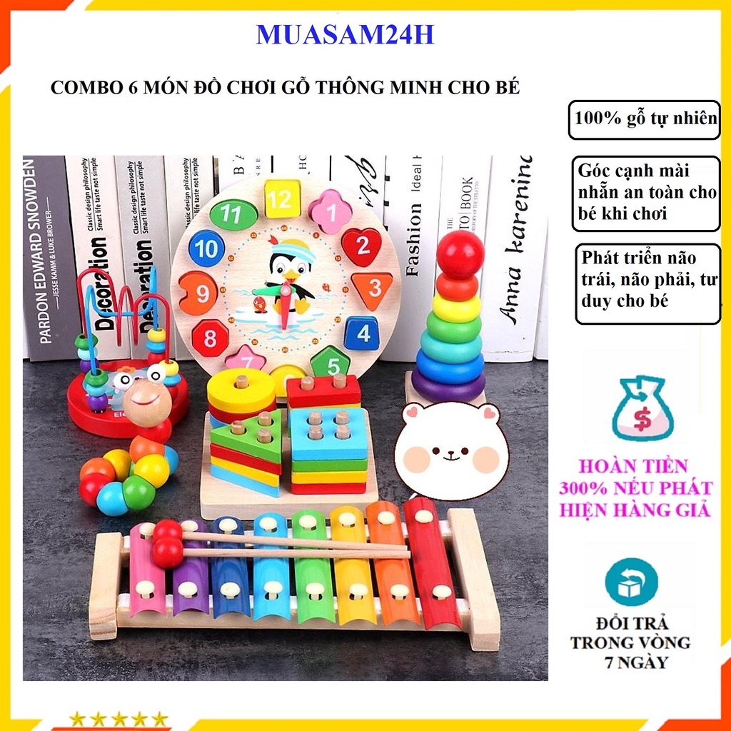 |COMBO 6 MÓN|  Đồ Chơi Gỗ Thông Minh Freeship Đồ Chơi Cho Bé Trai Bé Gái Phát Triển Khả Năng Tư Duy Vận Động