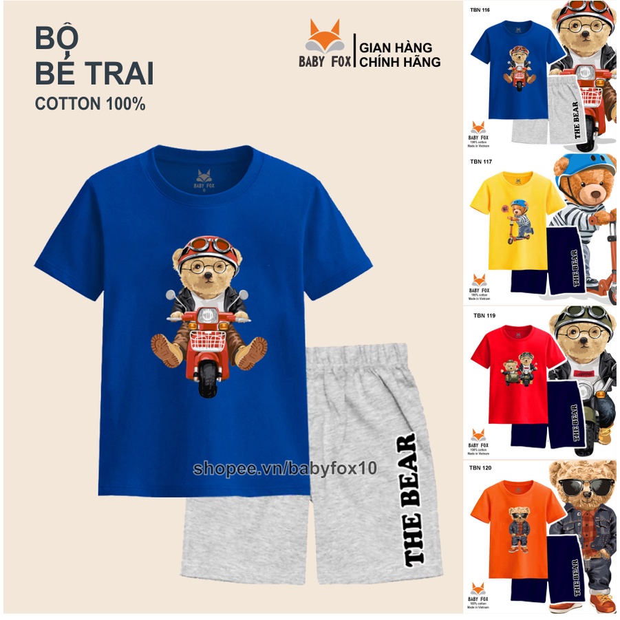 Bộ thun bé trai 100% cotton loại tốt, thương hiệu BABY FOX, in hình gấu, size nhỏ, trung, đại a