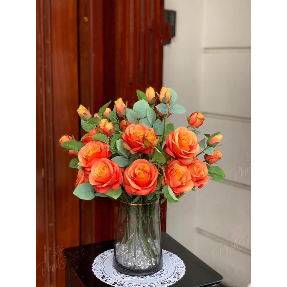 Combo 10 cành hoa giả - Hoa Hồng nụ cao Lucas 65cm cành 2 bông 1 nụ trang trí đep, sang trọng