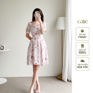 Váy tơ hoa cổ vuông tay bồng dáng xòe thời trang công sở Calie VX040
