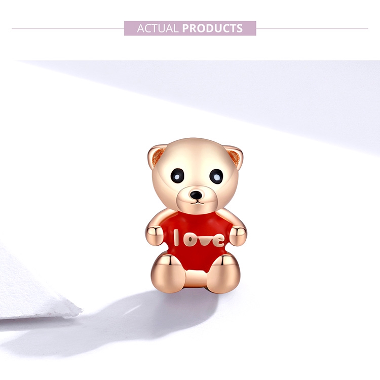 Hạt Charm Bamoer BSC228 Bạc Sterling 925 Thật Hình Chú Gấu Với Trái Tim Đỏ Và Chữ Love Tráng Men Dùng Để Làm Trang Sức