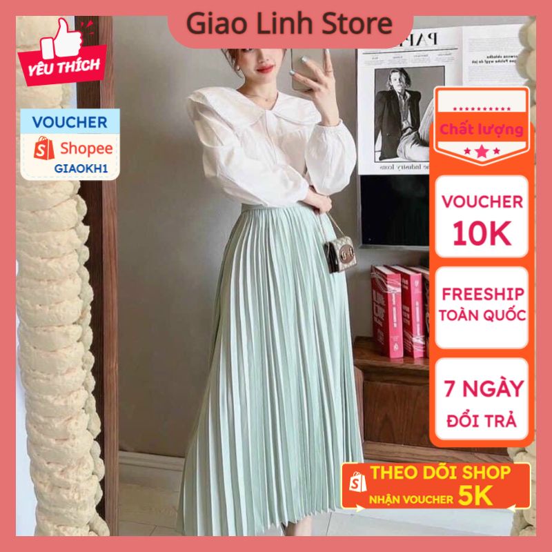 Set chân váy xếp ly dài MIDI xanh Mint mix áo sơ mi trắng nữ dài tay cổ bèo