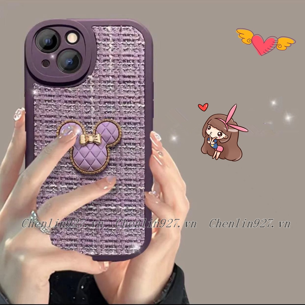 Ốp Điện Thoại Vải Dệt Kim Màu Tím Hình Mickey + Dây Đeo Cho IPhone 6 6S 7 8 Plus X XR XS Max 11 12 13 14 Pro Max Plus SE 2020