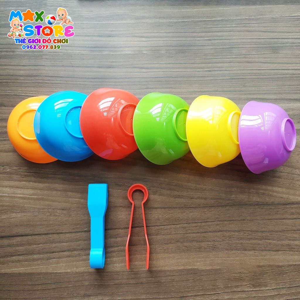 SET 6 BÁT + 2 KẸP PHÂN LOẠI MÀU SẮC TẬP GẮP HẠT POMPOM  HẠT NHỰA