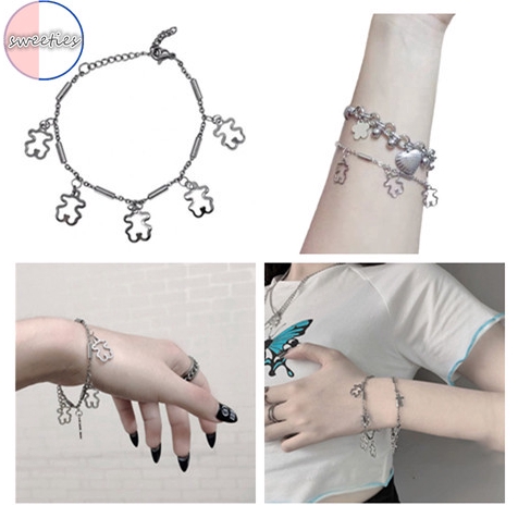 Vòng đeo tay kim loại mặt in họa tiết gấu xinh xắn cho nữ