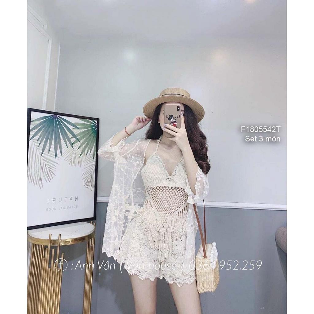 Set đi biển 3 món áo khoác áo bra dây lai phối tua rua kèm quần short ren!