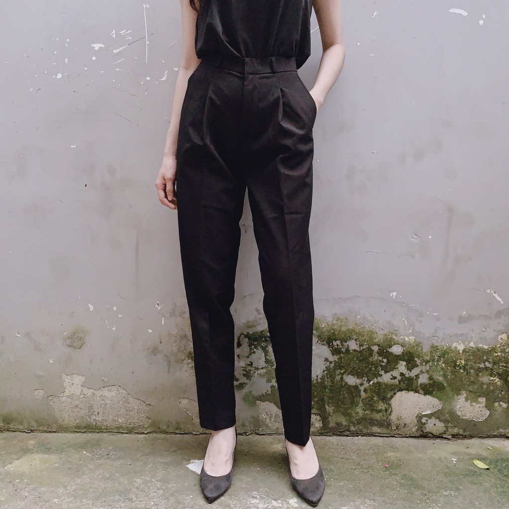 Quần dài baggy cạp cao chất vải kaki màu đen