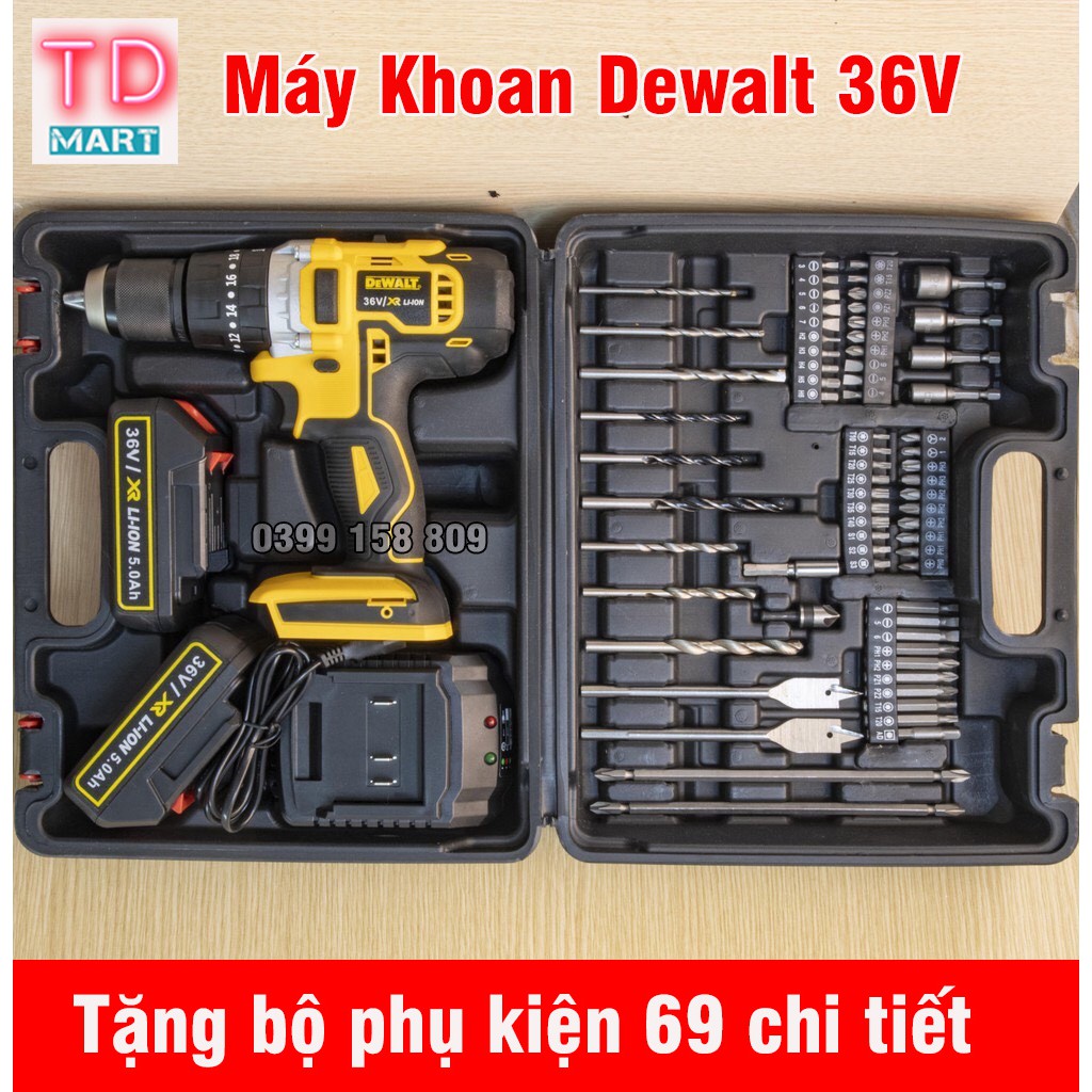 Máy Khoan Pin DEWALT 36V  3 Chức Năng, 2 Pin - Động cơ 775 TẶNG BỘ PHỤ KIỆN 69 chi tiết