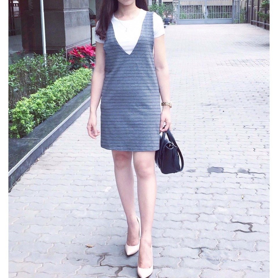 VÁY YẾM THUN COTTON, VÁY ĐẦM CÔNG SỞ NỮ XUẤT KHẨU DÁNG XUÔNG HỌA TIẾT KẺ