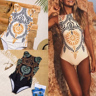 Women Fashion Sexy Print One-Piece Jumpsuit Beachwear Swimwear Push-up Bikini