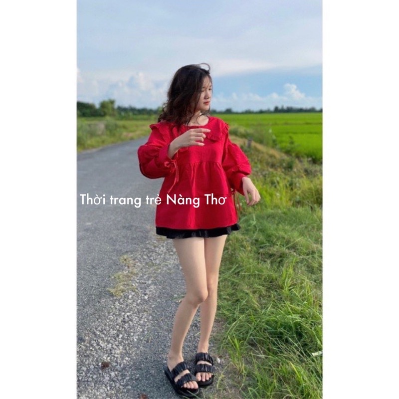 Áo babydoll cổ bèo tầng xếp tay vải đũi hàn dễ thương