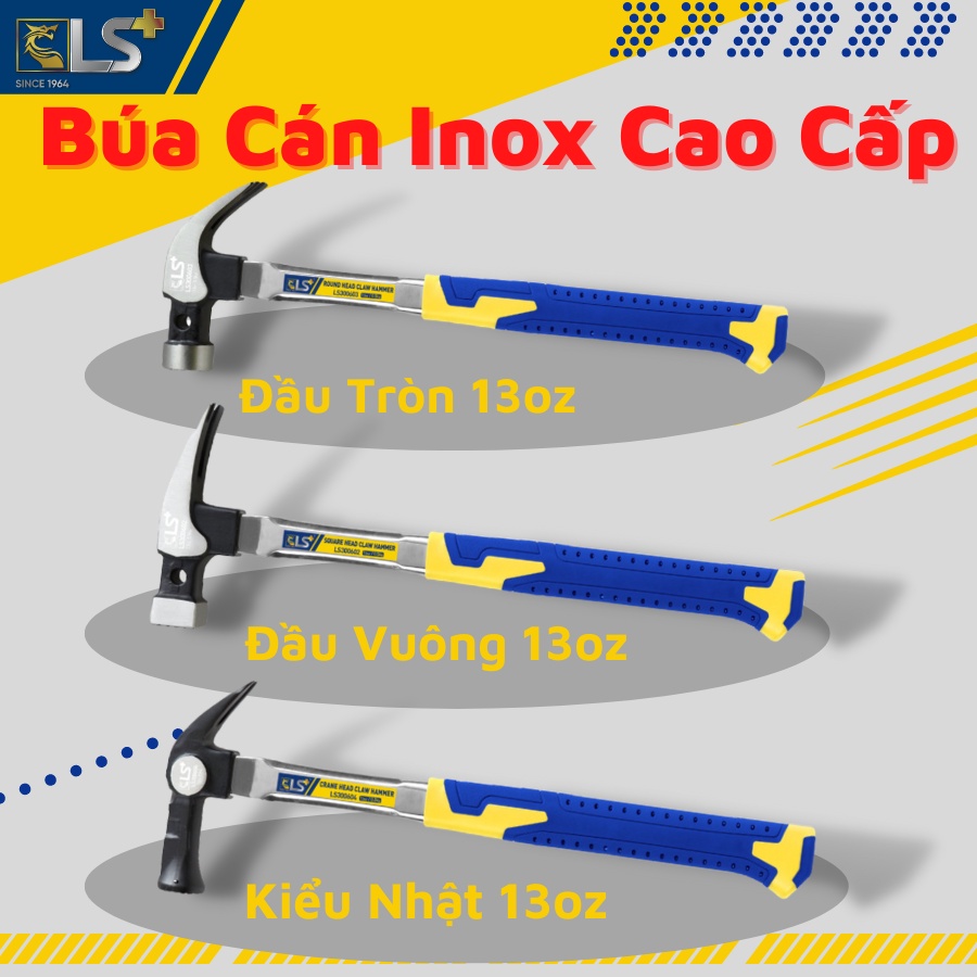 Búa đóng đinh, nhổ đinh cán inox cao cấp đầu tròn, đầu vuông, kiểu thiết kế nhật 13oz LS+