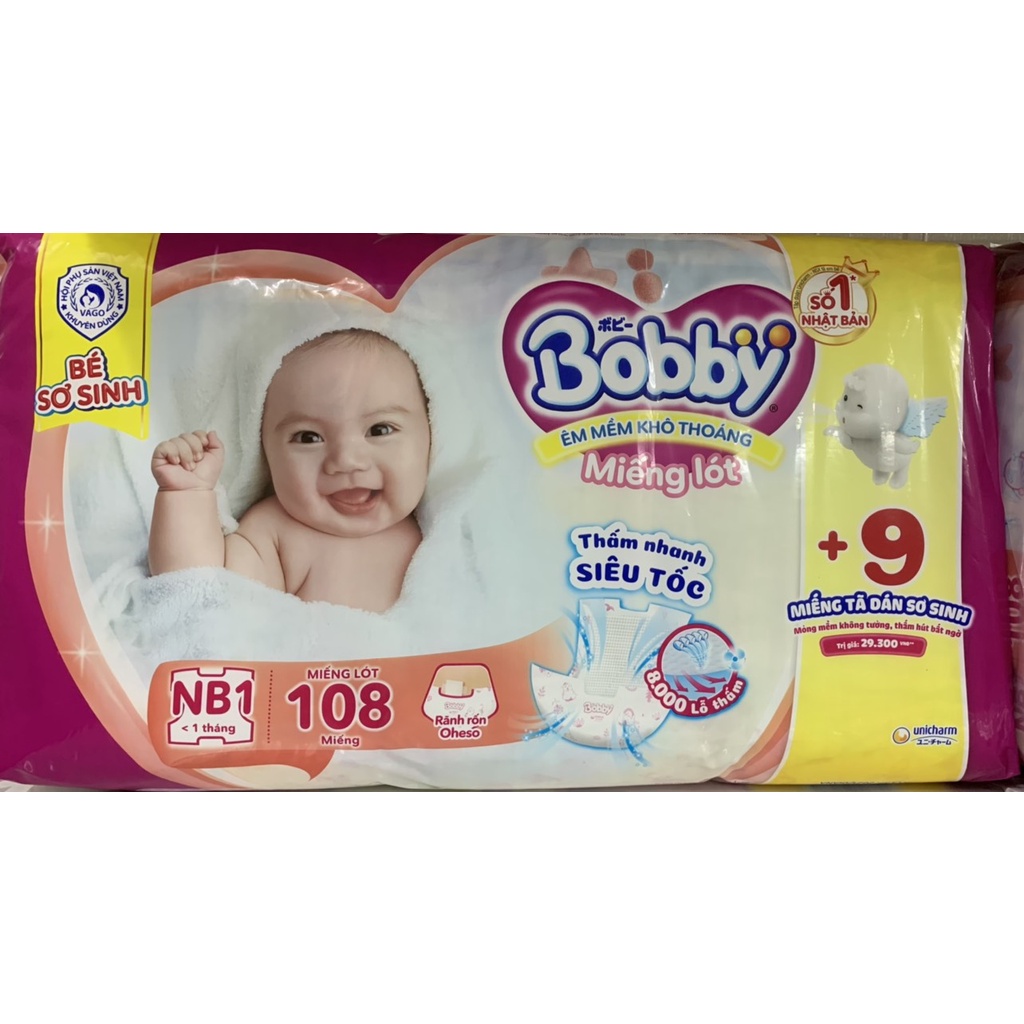 Miếng lót sơ sinh Bobby NB1 - 108 miếng (tặng 9 miếng tã dán)