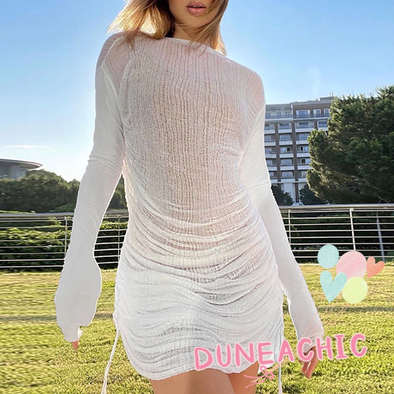 Đầm Tay Dài Cổ Tròn Thiết Kế Dây Rút Phong Cách Quyến Rũ