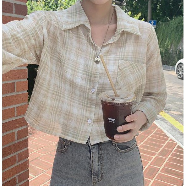 Áo Sơ Mi Ca Rô Dài Tay Cổ Polo Phong Cách Hàn Quốc Mới 45108