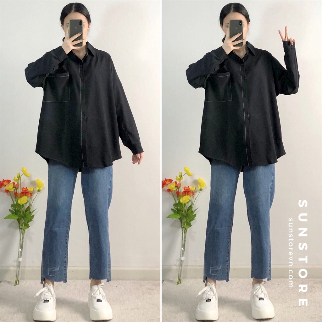 Áo sơ mi tay dài viền form rộng 2 màu đen và trắng