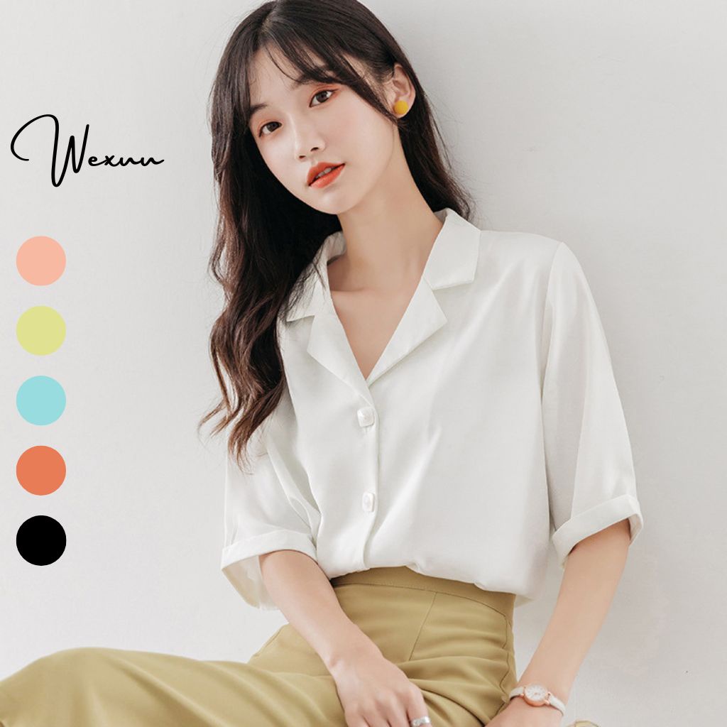 Áo sơ mi nữ cổ vest Wexuu Design áo nữ ngắn tay trơn kiểu dáng basic thời trang chất vải mềm chống nhăn- SK06