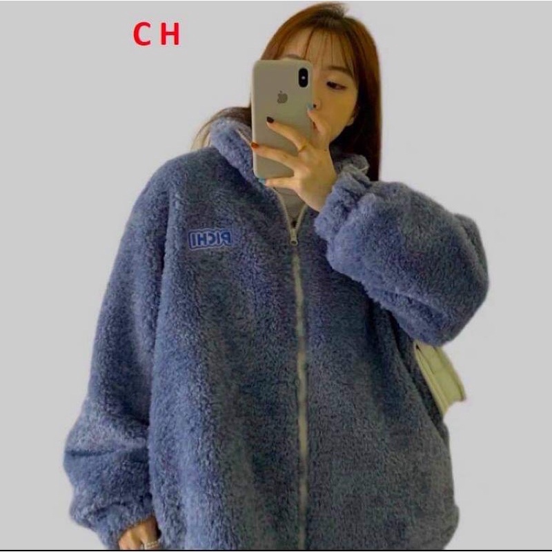 Áo Khoác Lông Thỏ PICHI Ulzzang Dạo Phố Phong Cách Cổ CaoSweater Kéo Khoá Thêu Logo Unisex Hàn QuốcThời trang mùa đông