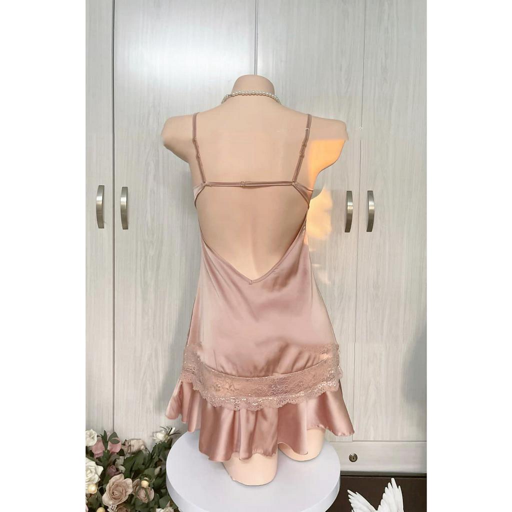 HT116a Váy ngủ sexy dáng xoè tôn dáng gợi cảm, đầm ngủ lụa phối ren nơ ngực sang chảnh HT116a