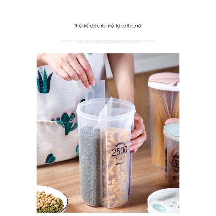 Hộp Bảo Quản Thực Phẩm, Lọ, Hũ Nhựa Trong Suốt 1500ml/2500 Nhiều Ngăn Đựng Gia Vị,Đồ Khô, Ngũ Cốc