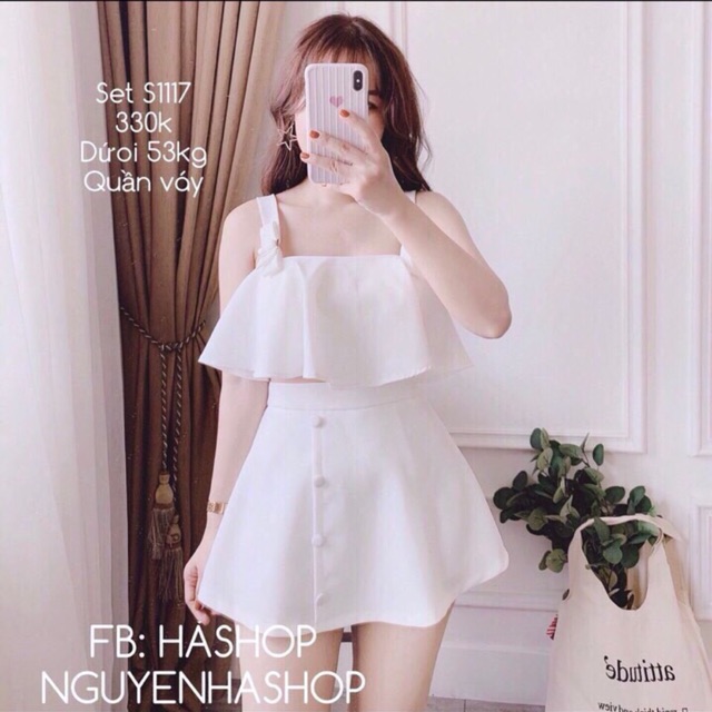 Sét áo 2s cách điệu chân váy xoè đính nút + Ảnh thật
