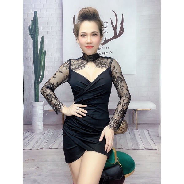 Đầm Ren Tay Dài Dáng Ôm Thiết Kế Khoét Sâu Quyến Rũ Thời Trang Cho Nữ 444