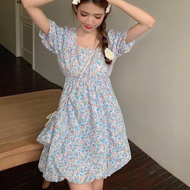 Đầm Dáng Chữ a Tay Phồng Cổ Vuông In Họa Tiết Hoa Phong Cách Pháp Thời Trang Mùa Hè Mới