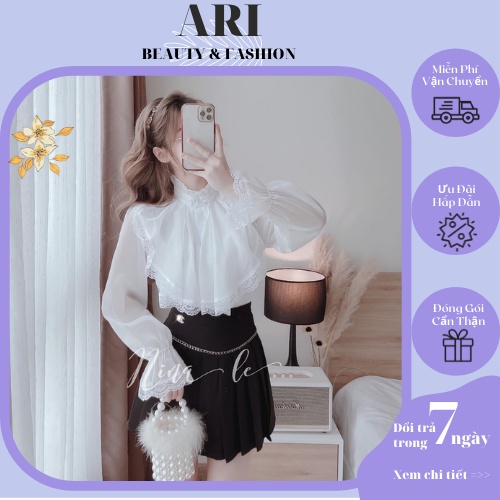 Áo sơ mi công sở cổ ren bèo 2 lớp. Sơ mi nữ form rộng cổ nơ chất tơ mát không nhăn