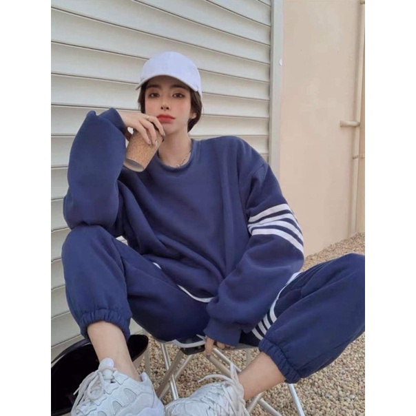 Bộ Nỉ Kẻ Vạch Ngang Nữ [FREESHIP]  Set quần bo gấu kèm áo sweater thể thao kiểu dáng hoodie cá tính Ulzzang