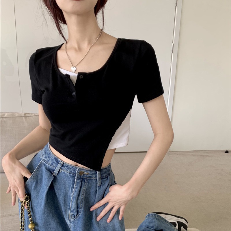 Áo thun IELGY ngắn tay thiết kế không đồng đều thời trang cho nữ