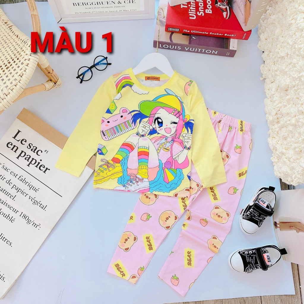 Bộ quần áo bé gái thun dài tay in 3D co giãn từ 8-18kg