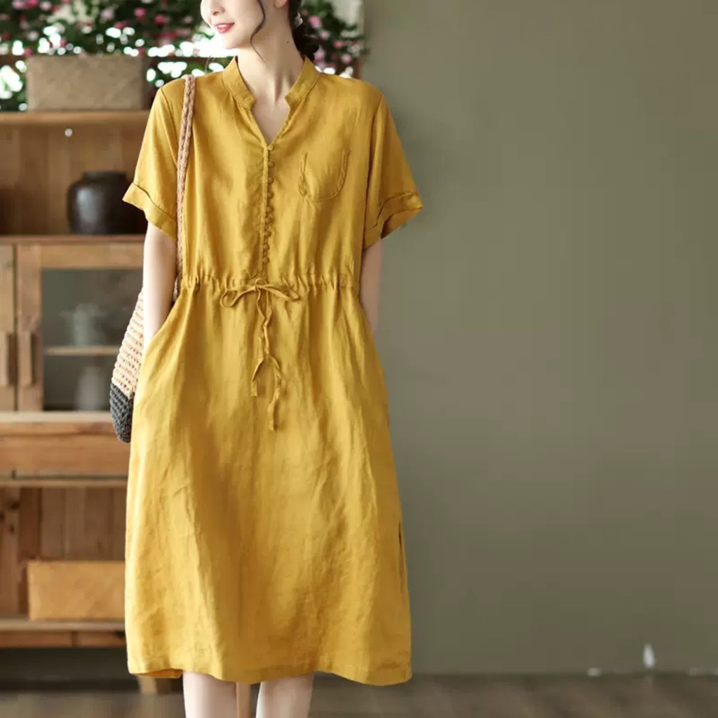 {Hàng sẵn} Đầm linen dáng suông  cổ tim ngắn tay rút eo phong cách thanh lịch