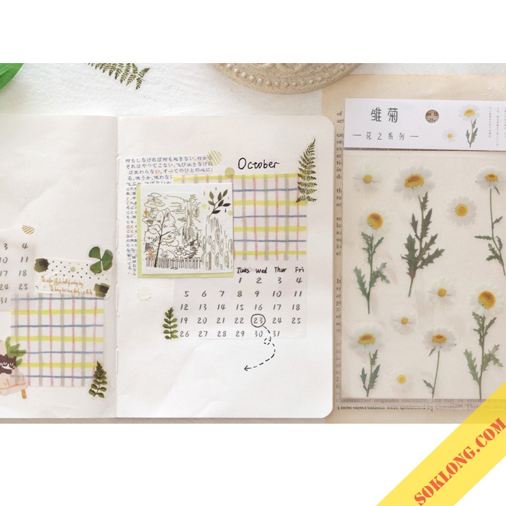 Sticker hoa lá Vintage trang trí, miếng nhán dãn hình hoa lá dán sổ, điện thoại Tuệ Minh