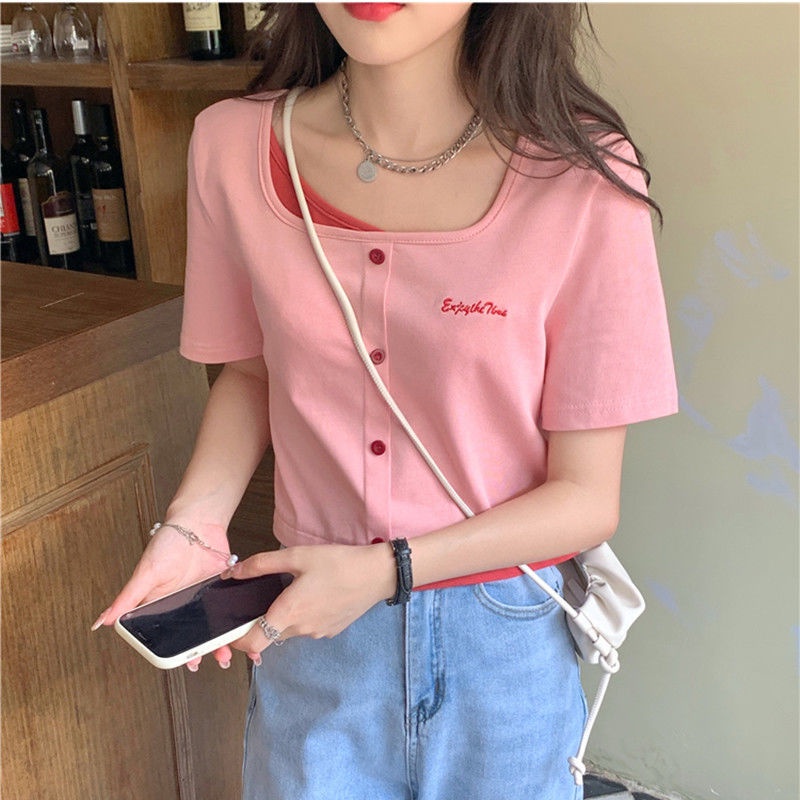Áo Thun Cotton Tay Ngắn Giả Hai Lớp Thời Trang Dành Cho Nữ  tao bao