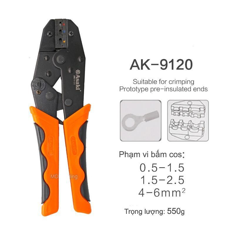 Kìm bấm cos tròn bọc nhựa 9in/225mm 0.5-6mm2 Asaki AK-9120