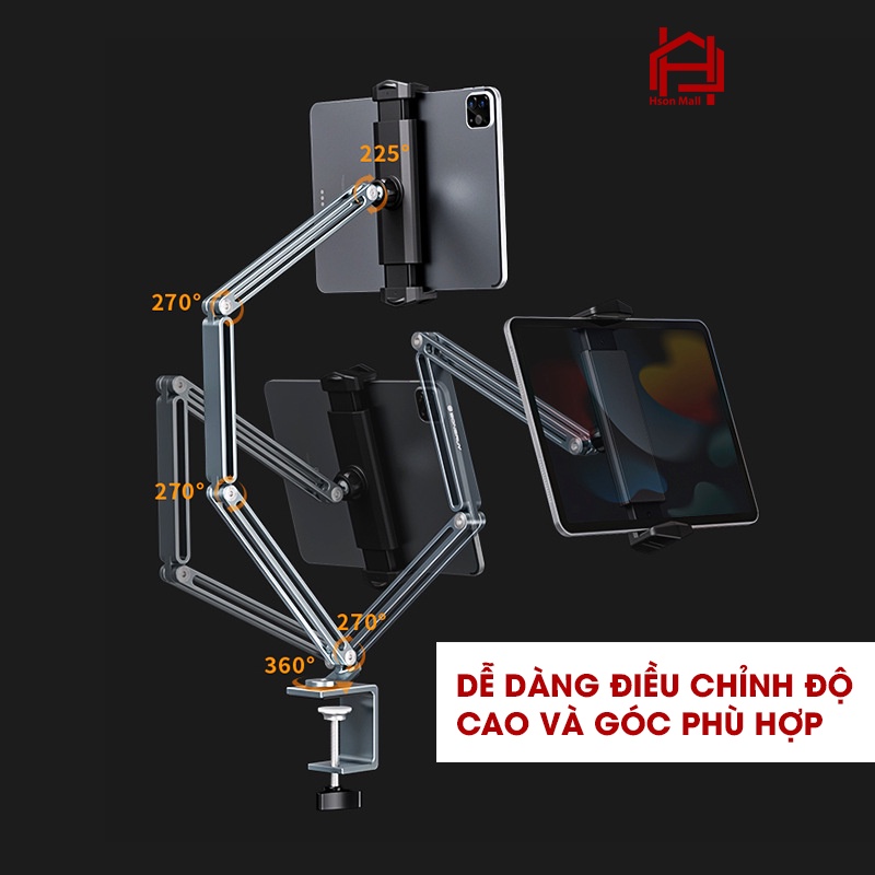 Kẹp ipad điện thoại cạnh bàn, giá đỡ máy tính bảng cao cấp HSON hợp kim nhôm siêu bền