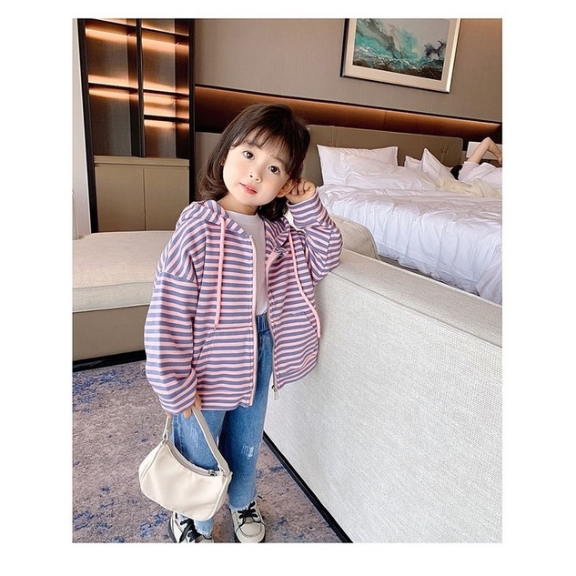 Áo khoác cardigan có mũ trùm đầu họa tiết sọc thời trang xuân thu cho bé gái