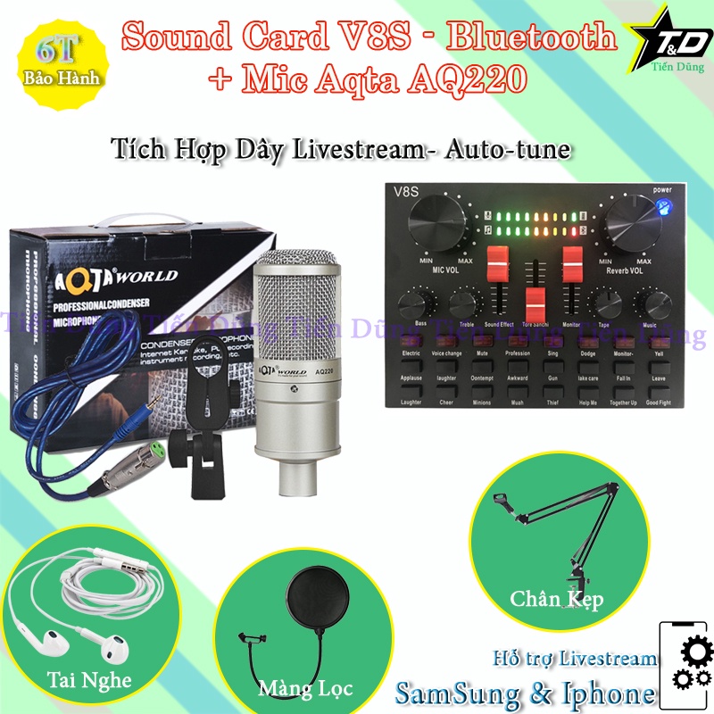 Combo Mic Thu Âm Aqta AQ220 Sound Card V8S có Auto-tune Chân Màng Tai Nghe - Mic Livestream AQ220 đầu đủ cho ghi âm